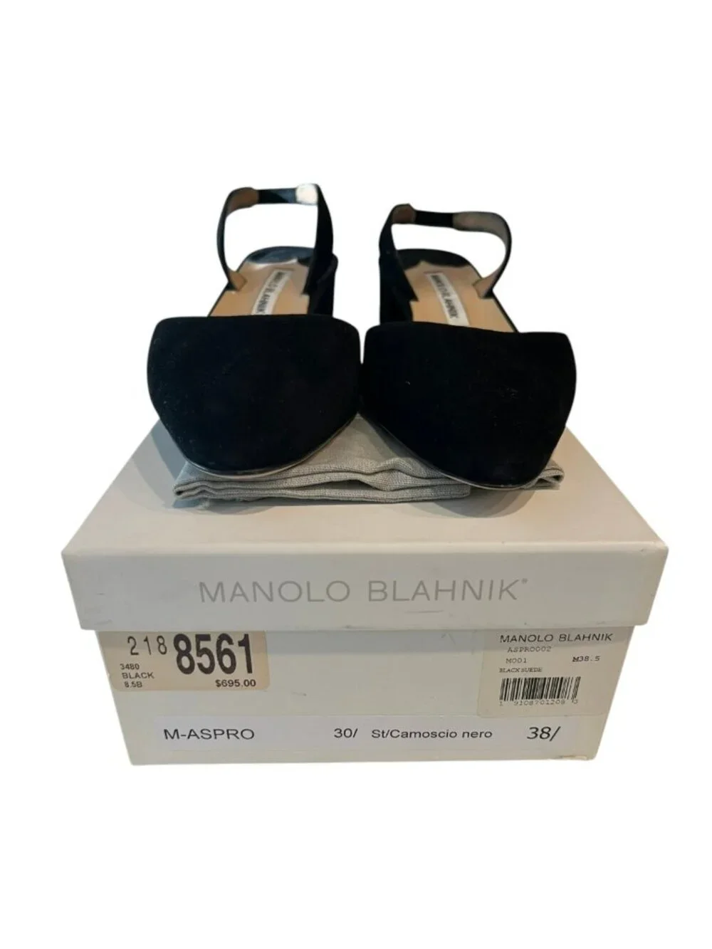 Manolo Blahnik Aspro Black Suede Slingbacks, New in Box, Size 38.5